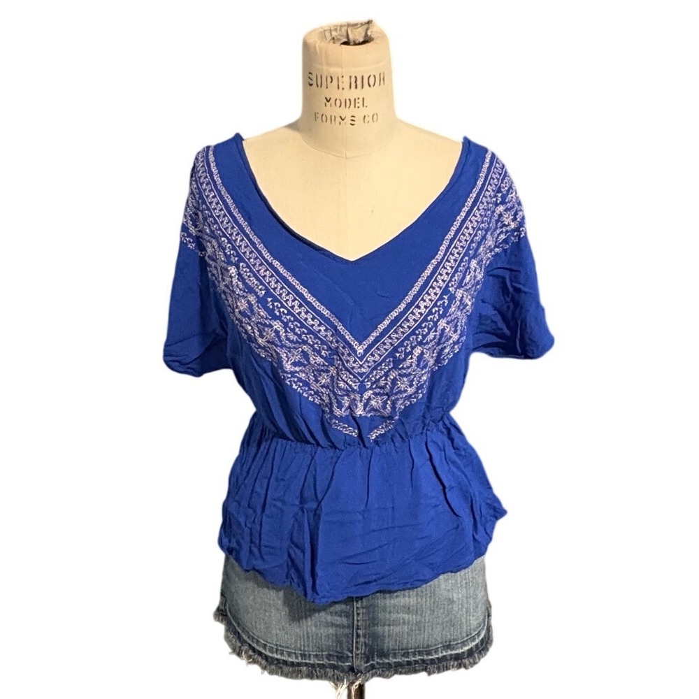Blue Embroidered Boho Peplum Top Open Back Short Sleeve Size‎ S Resort Vacation